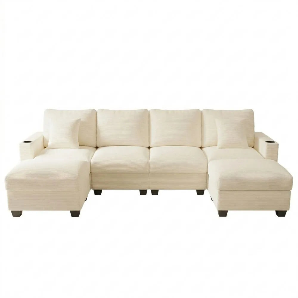 Modulares 5-Sitzer Ecksofa mit Schlaffunktion und Handyhalter, Beige