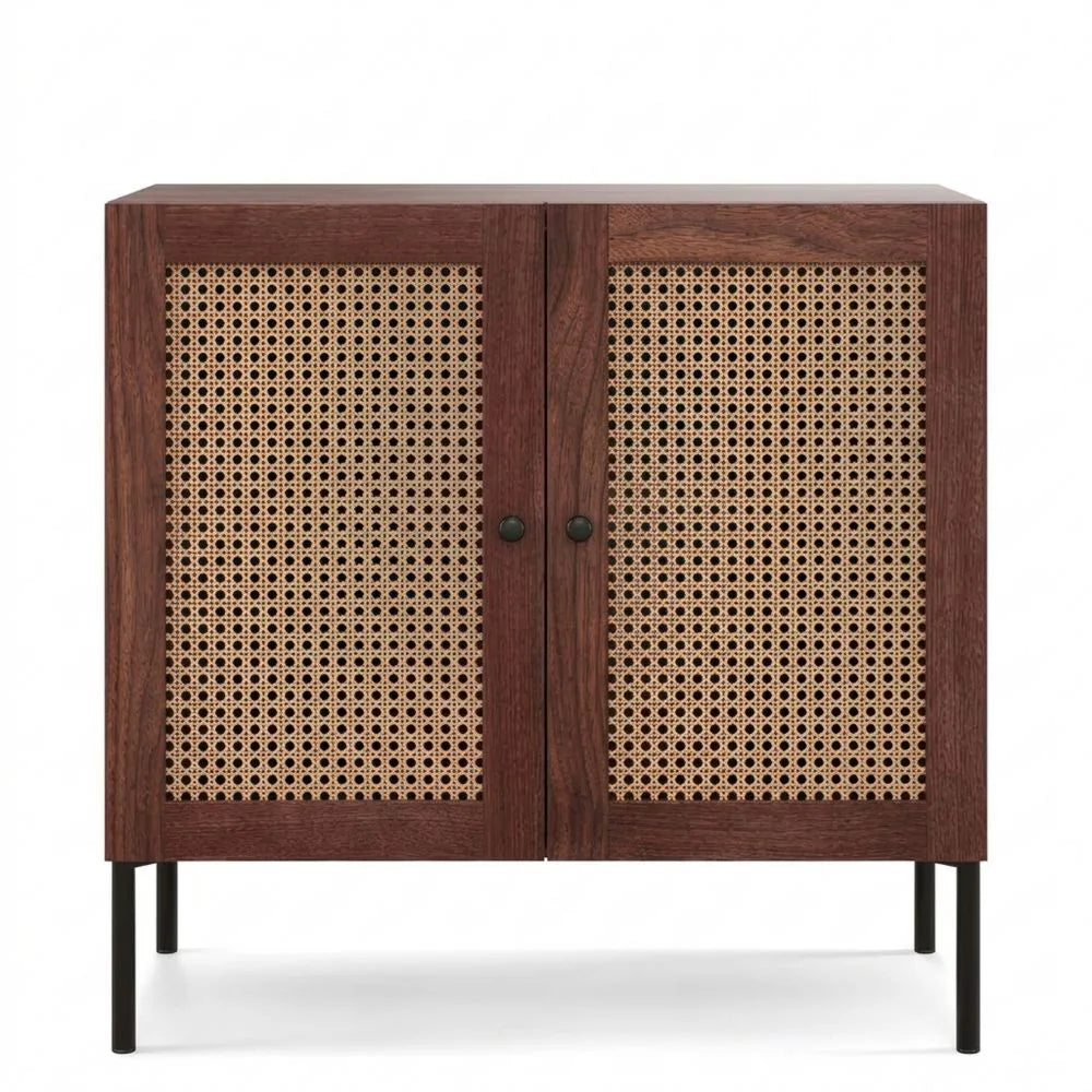 Rattan-Sideboard mit verstellbaren Regalböden, Holz-Kommode mit Türen, Beistellschrank für Küche