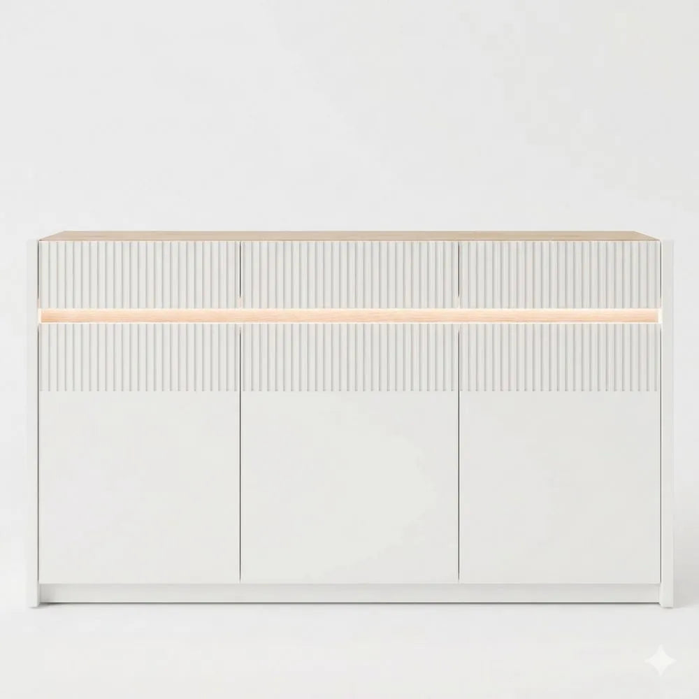 Stilvolles Sideboard mit Lamellendesign und Beleuchtung, 3 Türen, Eiche Dekor