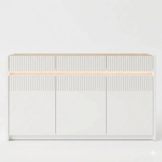 Stilvolles Sideboard mit Lamellendesign und Beleuchtung, 3 Türen, Eiche Dekor