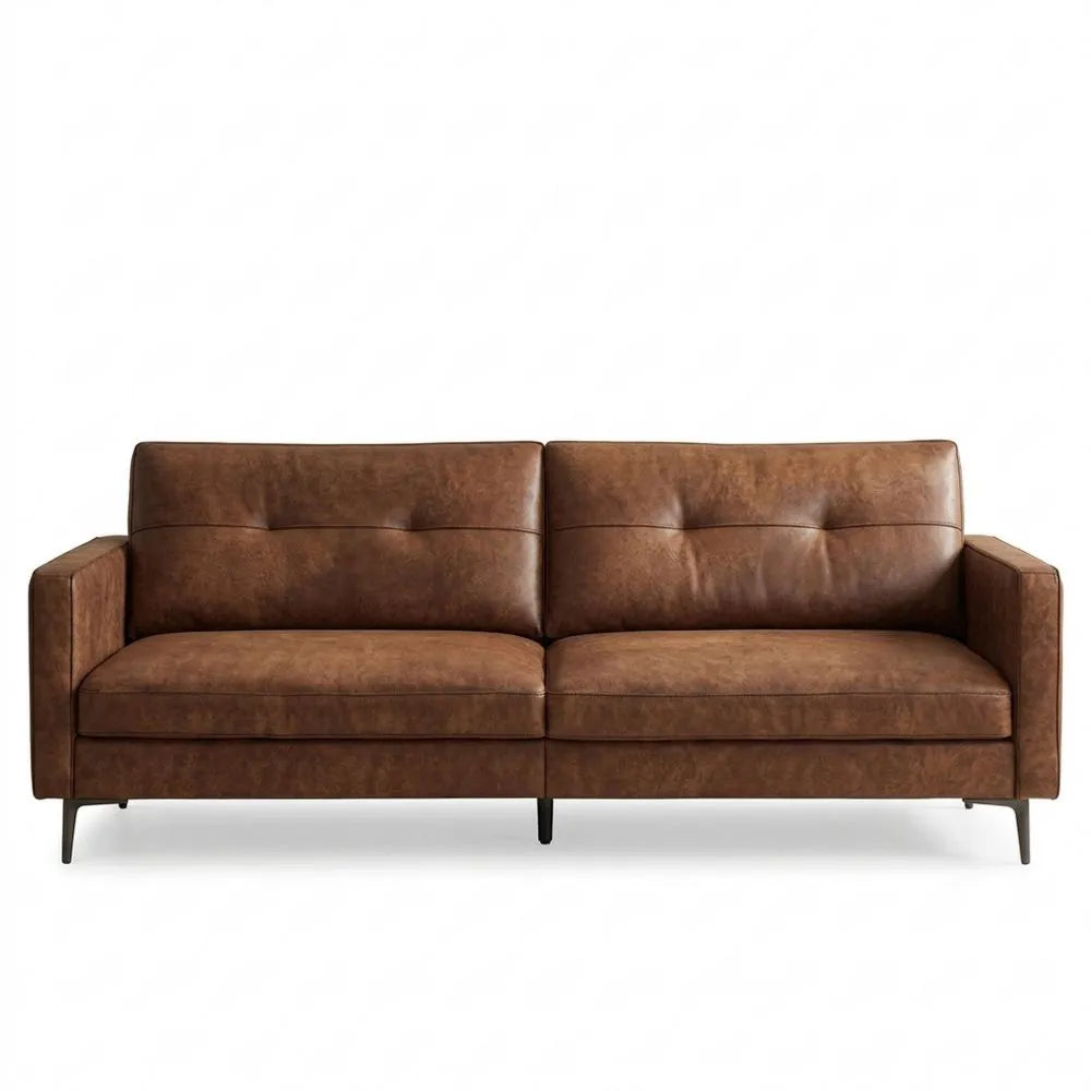 Kompaktes 3-Sitzer Sofa in Vintage Lederoptik mit Knopfheftung und Metallfüßen, Braun