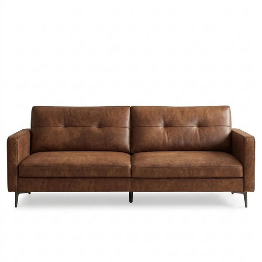 Kompaktes 3-Sitzer Sofa in Vintage Lederoptik mit Knopfheftung und Metallfüßen, Braun