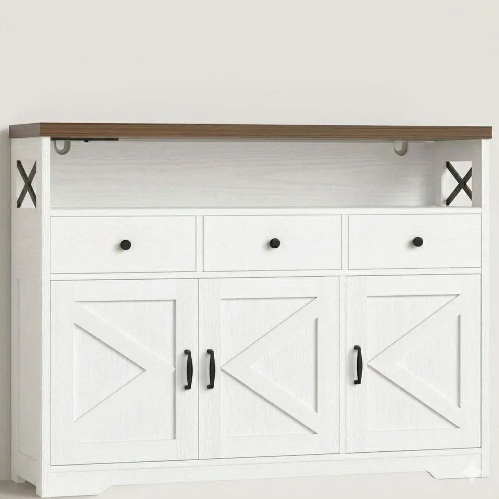 Multifunktionales Sideboard mit Steckdose und USB, 3 Schubladen, 3 Türen, verstellbare Ablage, 107x35x95cm, Weiß