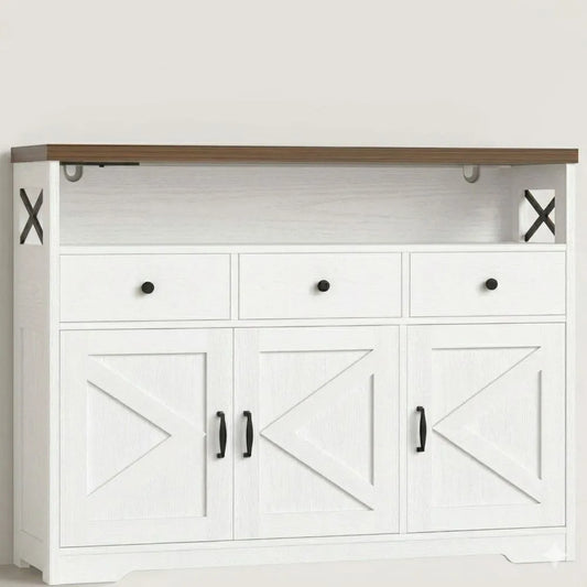 Multifunktionales Sideboard mit Steckdose und USB, 3 Schubladen, 3 Türen, verstellbare Ablage, 107x35x95cm, Weiß
