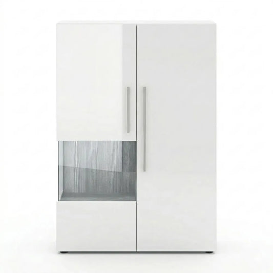 Moderne Standvitrine mit Glaseinsatz und Hochglanzfronten, in Weiß und Avola-Anthrazit