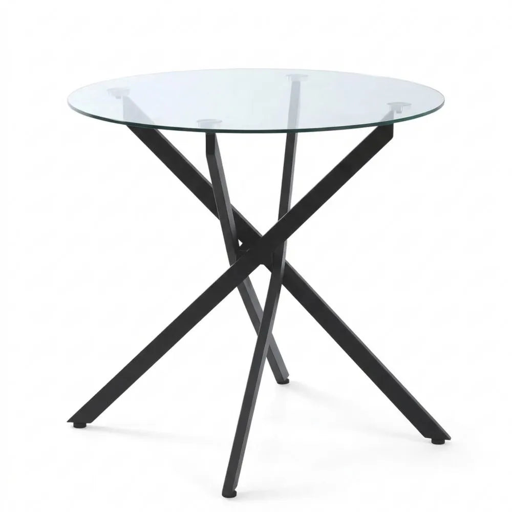 Runder Esstisch für 4 Personen mit Glasplatte und Kreuzbeinen, Ø80 cm, Modernes Design